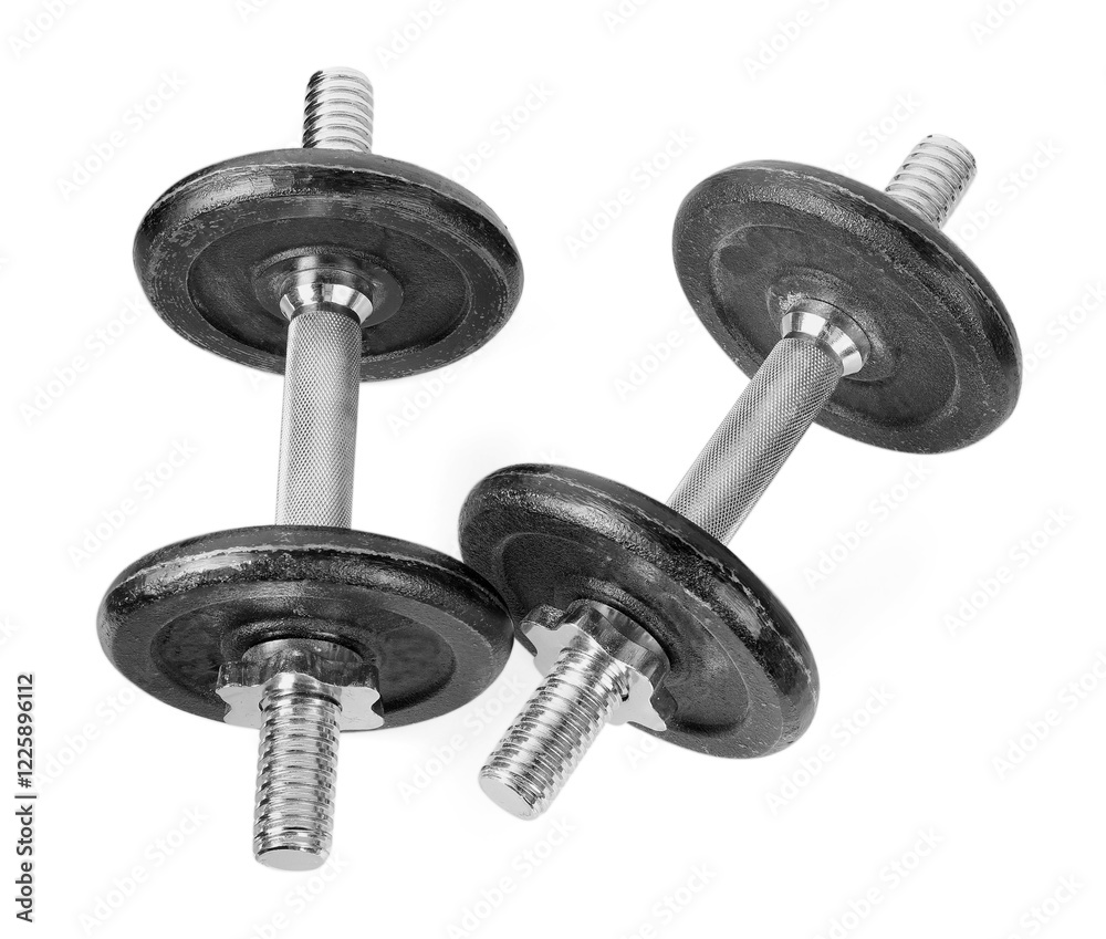 Two barbells isolated on white, above view. Sports equipment Two barbells isolated on white, above view. Sports equipment