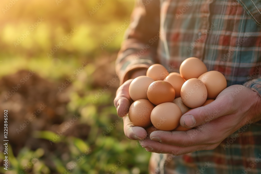 A farmer's hands cradle a collection of freshly laid eggs in a warm natural setting. A farmer's hands cradle a collection of freshly laid eggs in a warm natural setting.