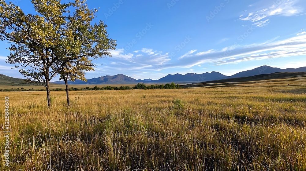 Golden Prairie Landscape Under Blue Sky with Distant Mountains Golden Prairie Landscape Under Blue Sky with Distant Mountains