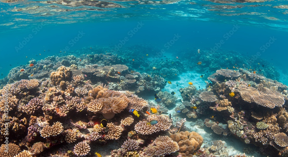 Fototapeta premium Vibrant Coral Reef Underwater Scene with Colorful Fish