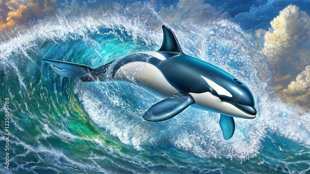 Obraz premium Orca whale leaping from ocean wave.