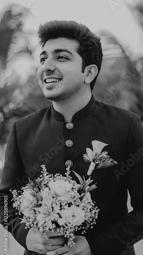Happy groom holding flowers, black and white portrait.
