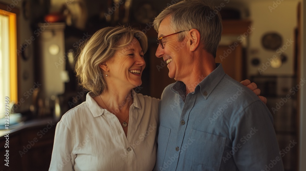 Mature couple shares a warm smile while embracing in their inviting home during their retirement years, celebrating love and companionship Mature couple shares a warm smile while embracing in their inviting home during their retirement years, celebrating love and companionship