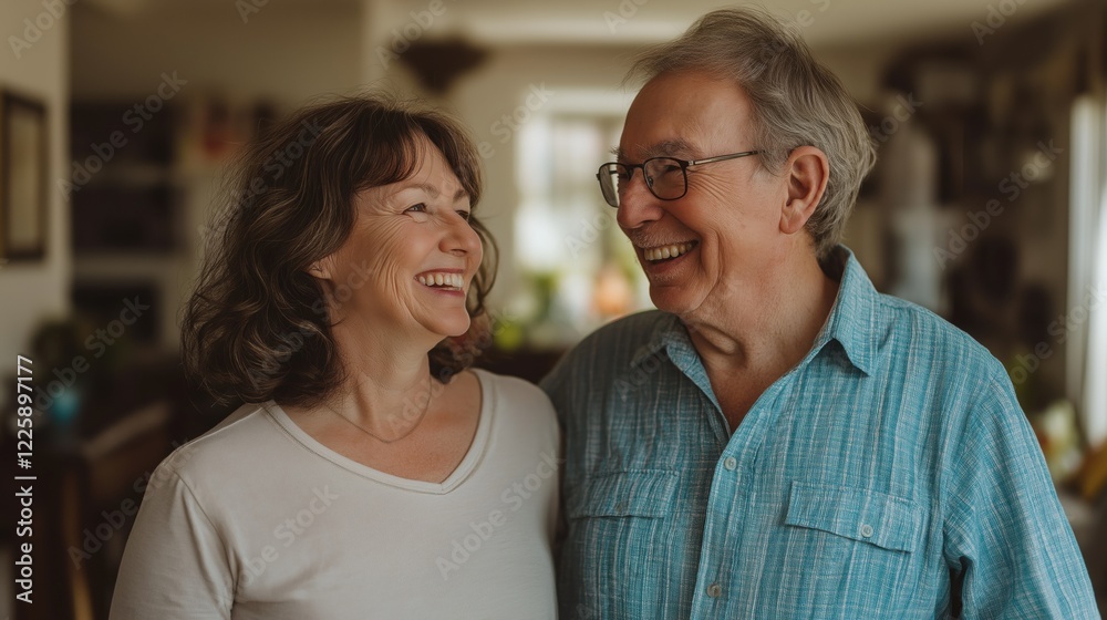 A retired couple stands close together, sharing joyful smiles and laughter in their comfortable home, showcasing their enduring love and happiness A retired couple stands close together, sharing joyful smiles and laughter in their comfortable home, showcasing their enduring love and happiness