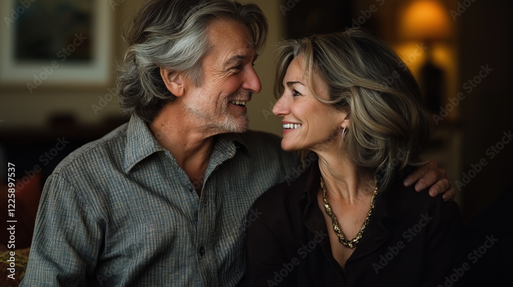 A retired couple shares a joyful embrace, showcasing their love and connection while relaxing in a cozy home setting A retired couple shares a joyful embrace, showcasing their love and connection while relaxing in a cozy home setting