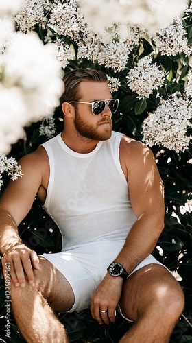 Man in white tank top and shorts sits amidst white flowers.