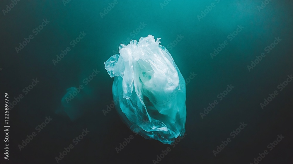 Fototapeta premium A single plastic bag submerged in dark teal water.