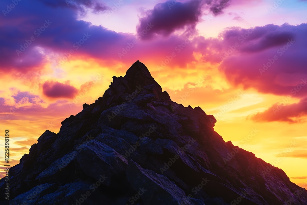 Naklejka premium The dramatic silhouette of a rocky peak during sunset, with vibrant skies in the backdrop.