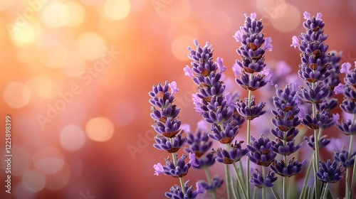 Close-up of purple lavender flowers against a blurred sunset background.
