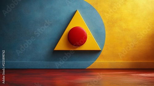 Yellow triangle, red circle, blue and gold wall.
