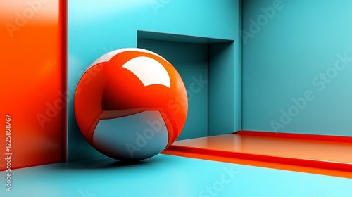 Red sphere in abstract turquoise and orange room.