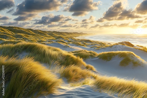 The dramatic sweep of a coastal sand dune system, with marram grass waving in the wind at sunset. photo