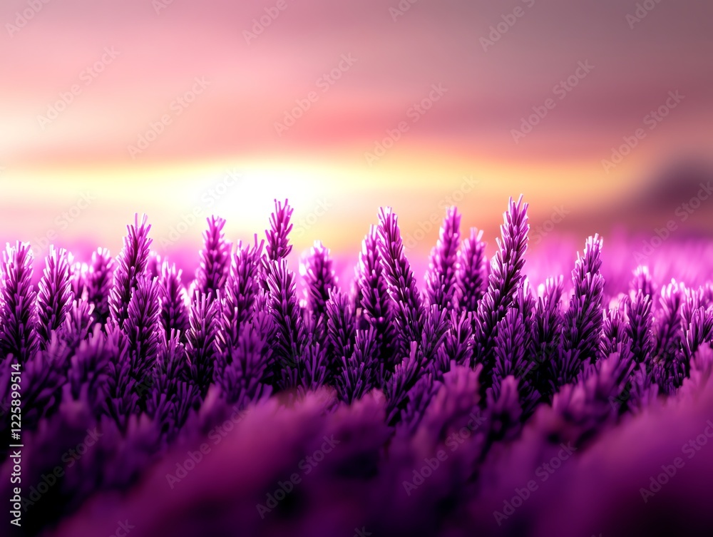 Obraz premium Blooming lavender, calming purple tones under golden light, 3D illustration