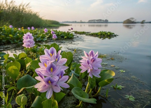 Water hyacinths flowers in river. Generative AI