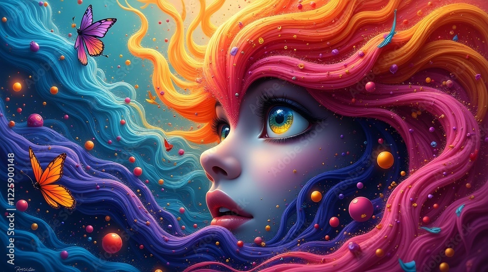 Fototapeta premium Colorful portrait of a girl surrounded by vibrant butterflies and swirling patterns in a dreamlike, abstract setting