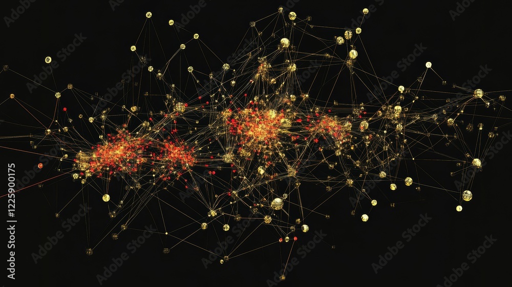 Fototapeta premium Connected spheres with some red points, on black.