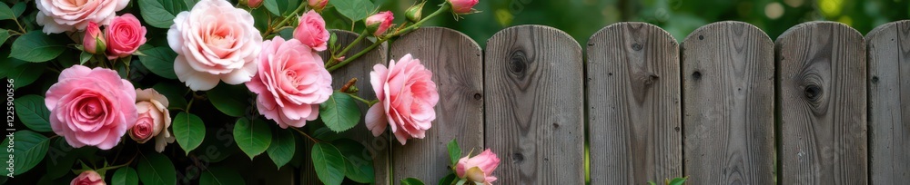 Pink and white roses cascading over a rustic wooden fence, design, stock photo Pink and white roses cascading over a rustic wooden fence, design, stock photo