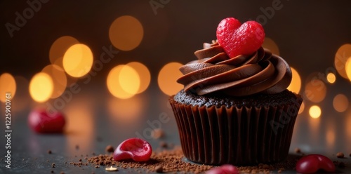 Rich chocolate cupcake, sparkling candle, heart lights , birthdaydecor, food photo