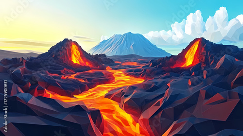 Low-poly volcanic landscape with flowing lava. Lava Lagoon. Illustration photo