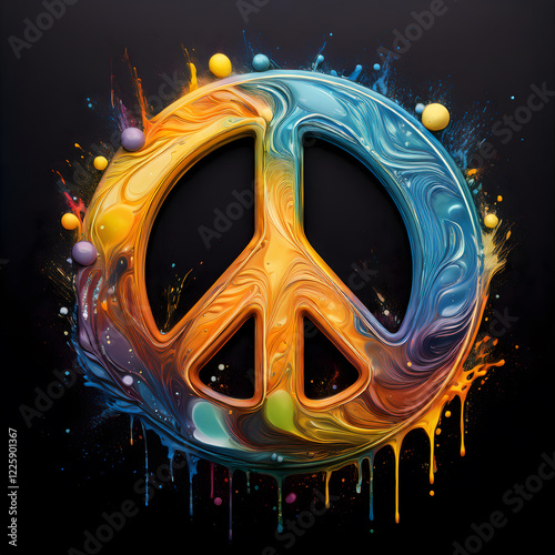 Digital artwork of a peace symbol in yellow, orange, blue, and violet.