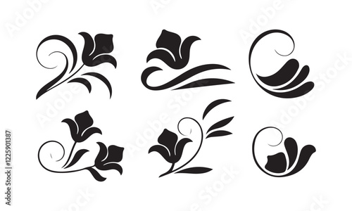 black and white flower Floral silhouettes in a dramatic, bold style. The swirls are elongated