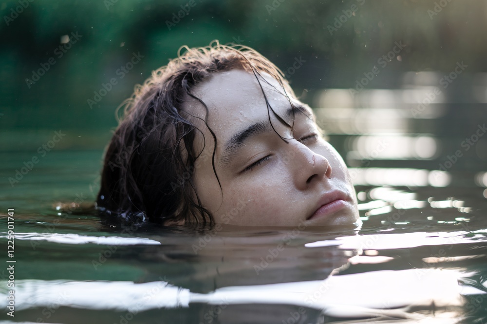 Obraz premium Serene Immersion in Water's Embrace. Young person with closed eyes, serenely floating in dark water, their face partially submerged, creating a tranquil and meditative mood.