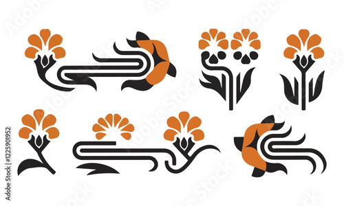 Floral silhouettes in a dramatic, bold style. The swirls are elongated and dynamic, creating a sense of movement.