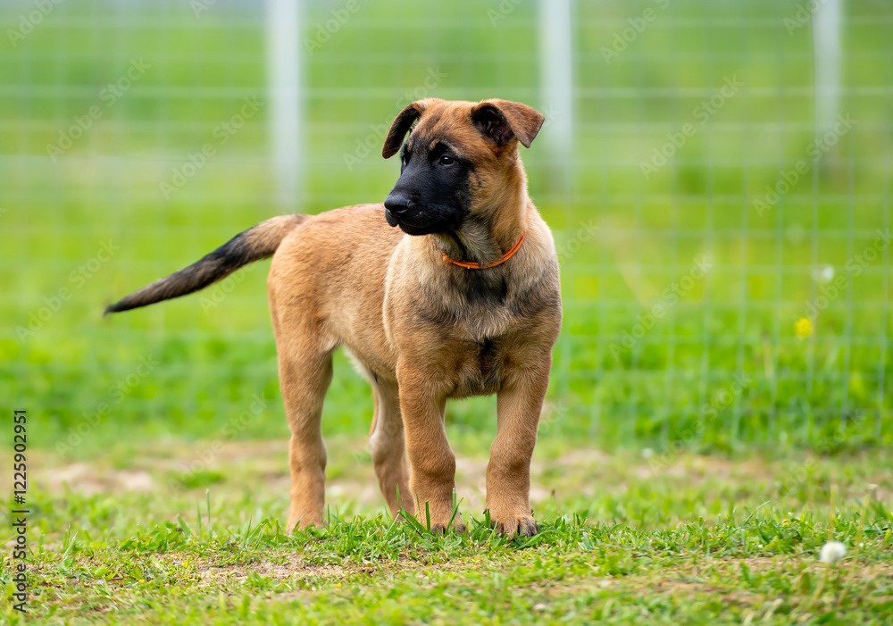 Belgian shepherd malinois puppy in orange collar on grass Belgian shepherd malinois puppy in orange collar on grass