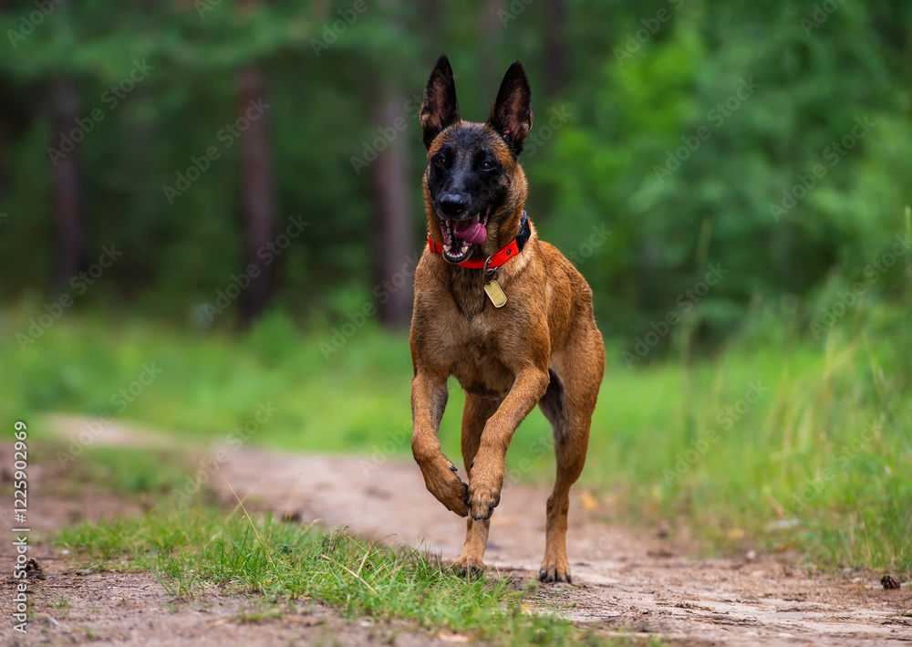 Malinois Belgian Shepherd dog running in the forest on a summer day Malinois Belgian Shepherd dog running in the forest on a summer day