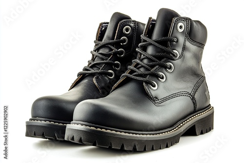 Classic Black Leather Boots: Rugged Style, Detailed Design photo