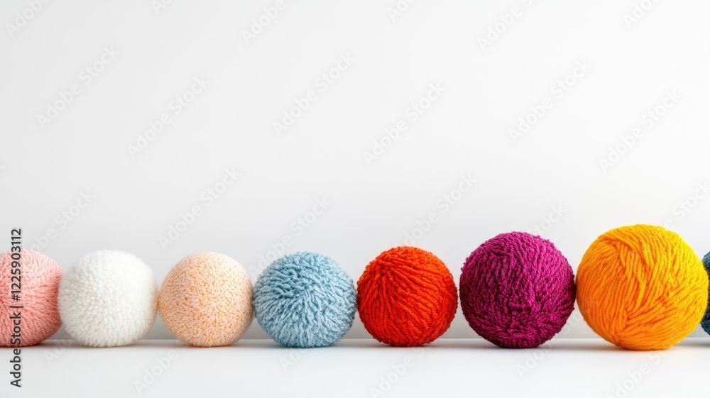 Colorful yarn balls lined up against white background Colorful yarn balls lined up against white background