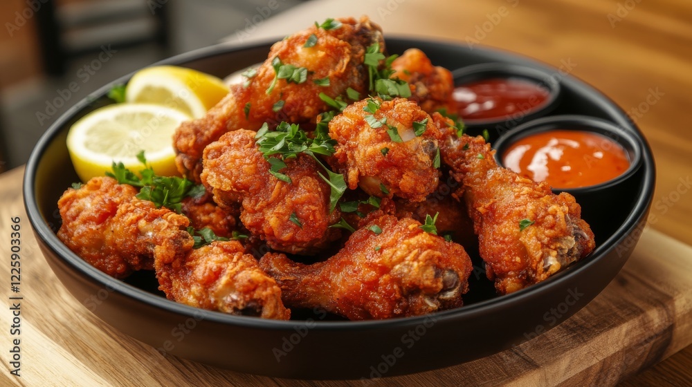 Crispy fried chicken drumsticks in a black bowl on a wooden board, surrounded by dipping sauces, lemon wedges, and fresh parsley. Perfect for illustrating delicious comfort food and dining themes. Crispy fried chicken drumsticks in a black bowl on a wooden board, surrounded by dipping sauces, lemon wedges, and fresh parsley. Perfect for illustrating delicious comfort food and dining themes.
