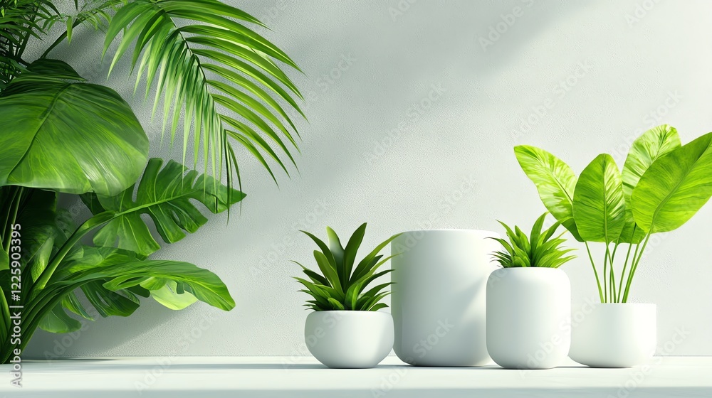 Lush garden, detailed leaf arrangements in soft lighting, 3D illustration Lush garden, detailed leaf arrangements in soft lighting, 3D illustration