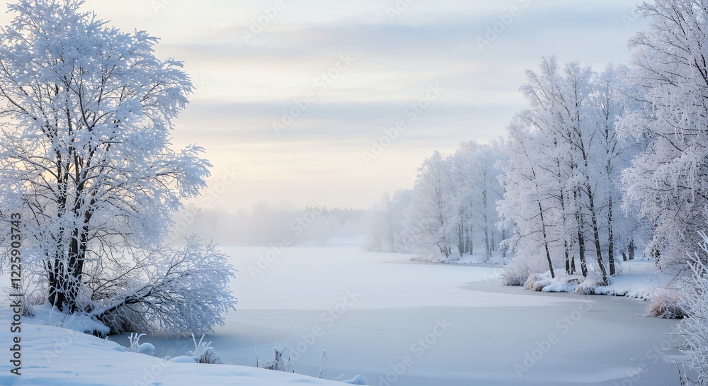 Serene Winter Lake Landscape with Snow Covered Trees Serene Winter Lake Landscape with Snow Covered Trees