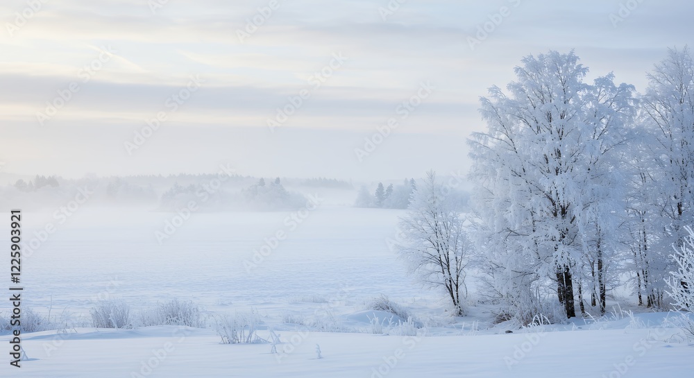 Serene Winter Landscape Frosty Trees Snowy Field Serene Winter Landscape Frosty Trees Snowy Field