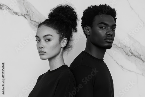 Black and white portrait of a young interracial couple, standing back to back against a marble background.