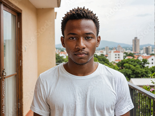 Retrato de un hombre negro de pie al aire libre vistiendo una camiseta blanca casual 