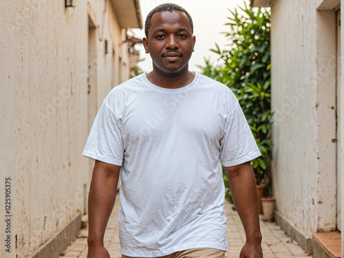 Retrato de un hombre negro de pie al aire libre vistiendo una camiseta blanca casual 