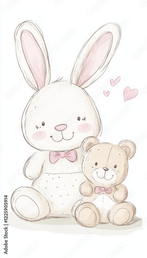 Obraz premium Adorable Bunny and Teddy Bear Illustration 