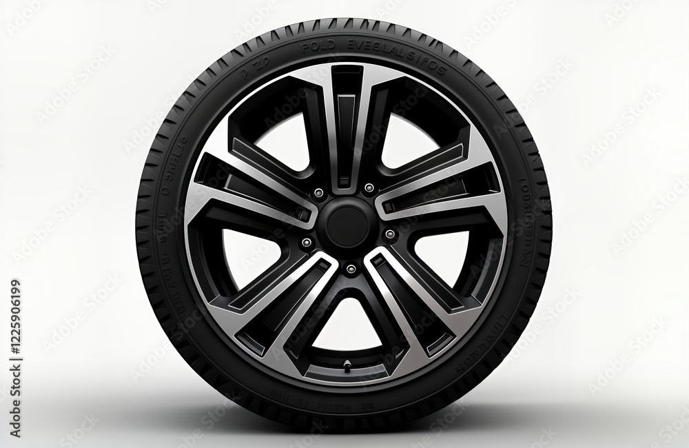 Side view of black car wheel with silver rim. High quality 3D illustration isolated on white background. Detailed design shows rubber tire, wheel. Suitable for automotive magazines websites. Black, Side view of black car wheel with silver rim. High quality 3D illustration isolated on white background. Detailed design shows rubber tire, wheel. Suitable for automotive magazines websites. Black,