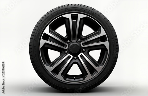 Side view of black car wheel with silver rim. High quality 3D illustration isolated on white background. Detailed design shows rubber tire, wheel. Suitable for automotive magazines websites. Black, photo