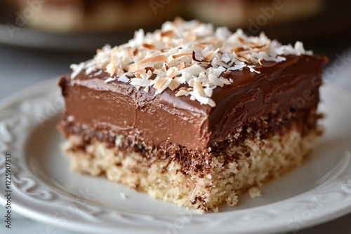 Wallpaper Mural Delicious chocolate and coconut layered dessert slice on a plate, with a blurred background of more treats Torontodigital.ca