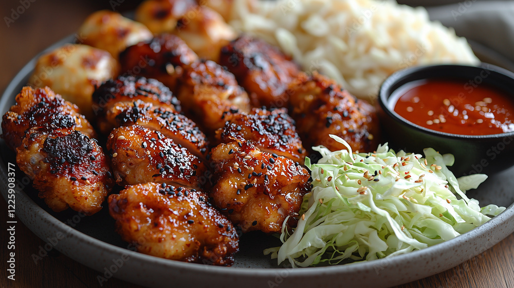 Platter of Perfectly Fried Korean Chicken Pieces Arranged in a Fan Shape, Garnished with Shredded Cabbage and Tangy Dipping Sauce Platter of Perfectly Fried Korean Chicken Pieces Arranged in a Fan Shape, Garnished with Shredded Cabbage and Tangy Dipping Sauce