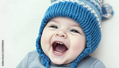 An adorable portrait of a baby captured in a moment of candid laughter.