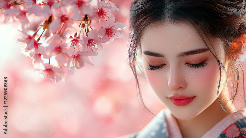Woman in kimono with cherry blossoms in soft focus Woman in kimono with cherry blossoms in soft focus