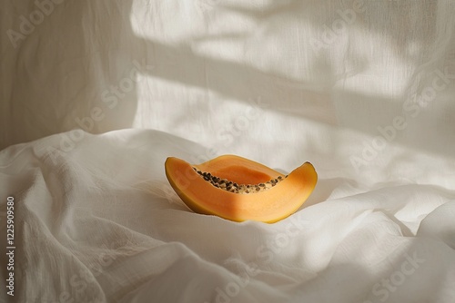Freshly cut slice of ripe cantaloupe resting on a soft white fabric, illuminated by gentle sunlight