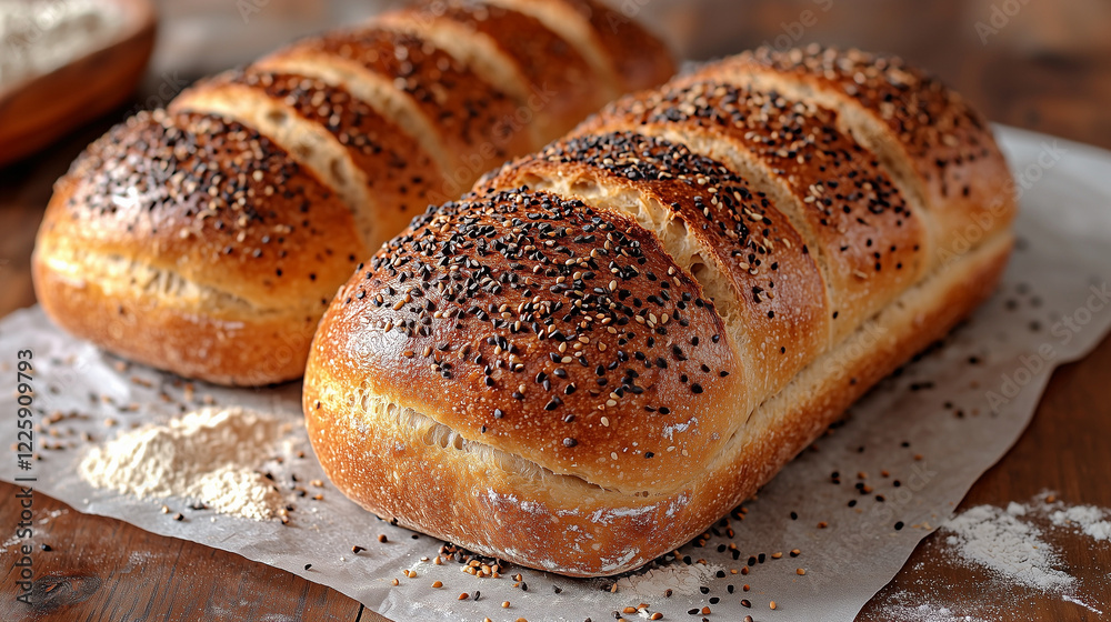 Fresh Artisan Bread with a Glossy Crust on Parchment Paper, Scattered Seeds and Flour, Soft Natural Tones, Farmers Market Fresh Artisan Bread with a Glossy Crust on Parchment Paper, Scattered Seeds and Flour, Soft Natural Tones, Farmers Market