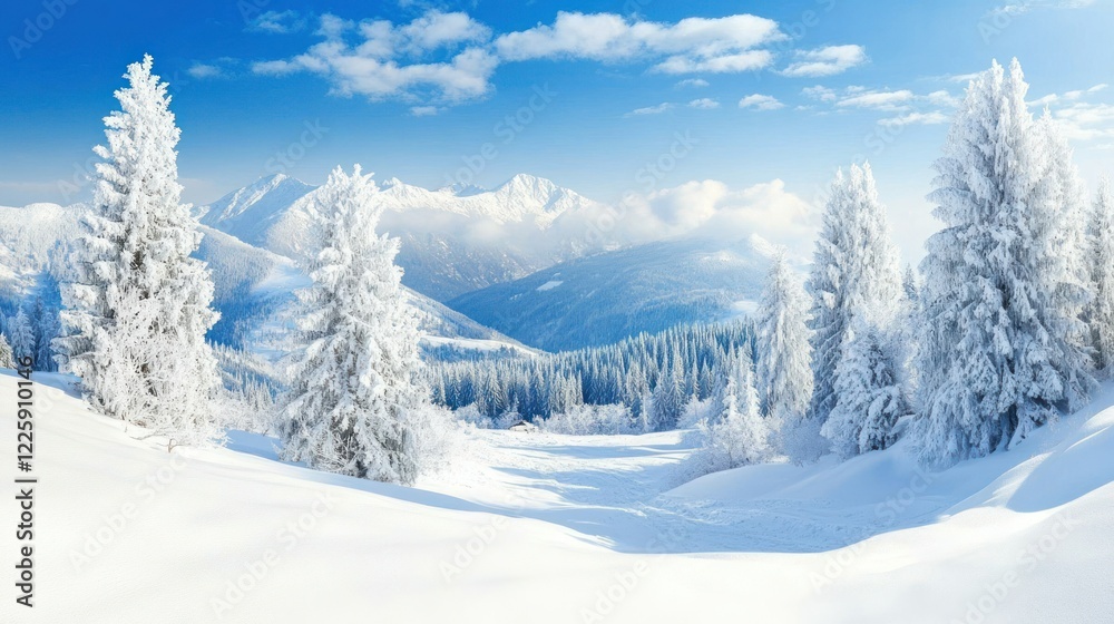 Fototapeta premium Snow-covered mountain landscape with fir trees.