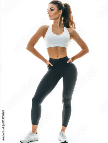 Fit and confident woman in stylish activewear posing against a white background. Perfect for fitness, health, sports, and lifestyle concepts. Ideal for gym, workout, and wellness-related projects photo