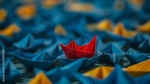 Unique Red Origami Boat Among Blue and Yellow Boats photo